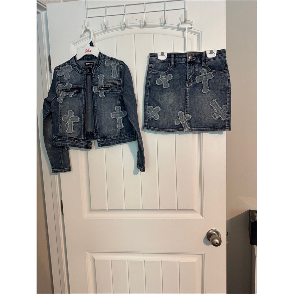 Girls Dark Blue Denim Jacket with Cross Appliqué - Unbranded